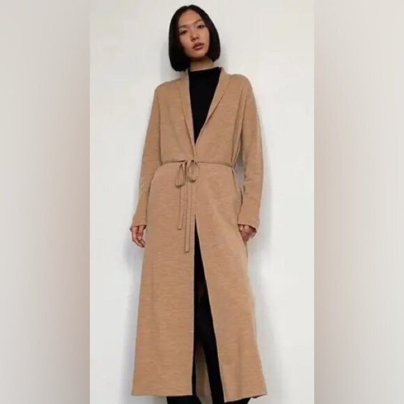 Babaton XS Camel Duster Cardigan – Merino Wool Blend, Belted - Picture 1 of 13